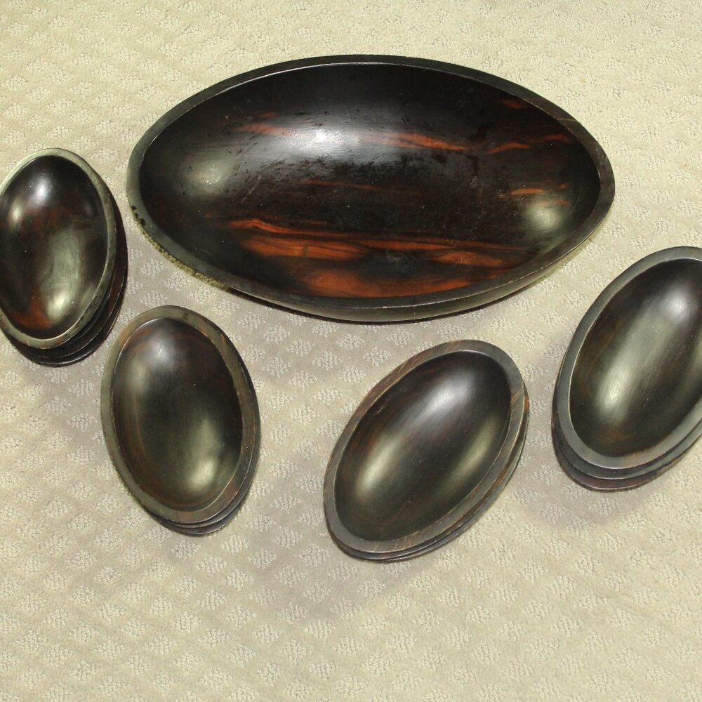 Large Solid Wood Oval Serving Bowl & 12 Individual Oval Fruit, Candy, Nuts Bowls